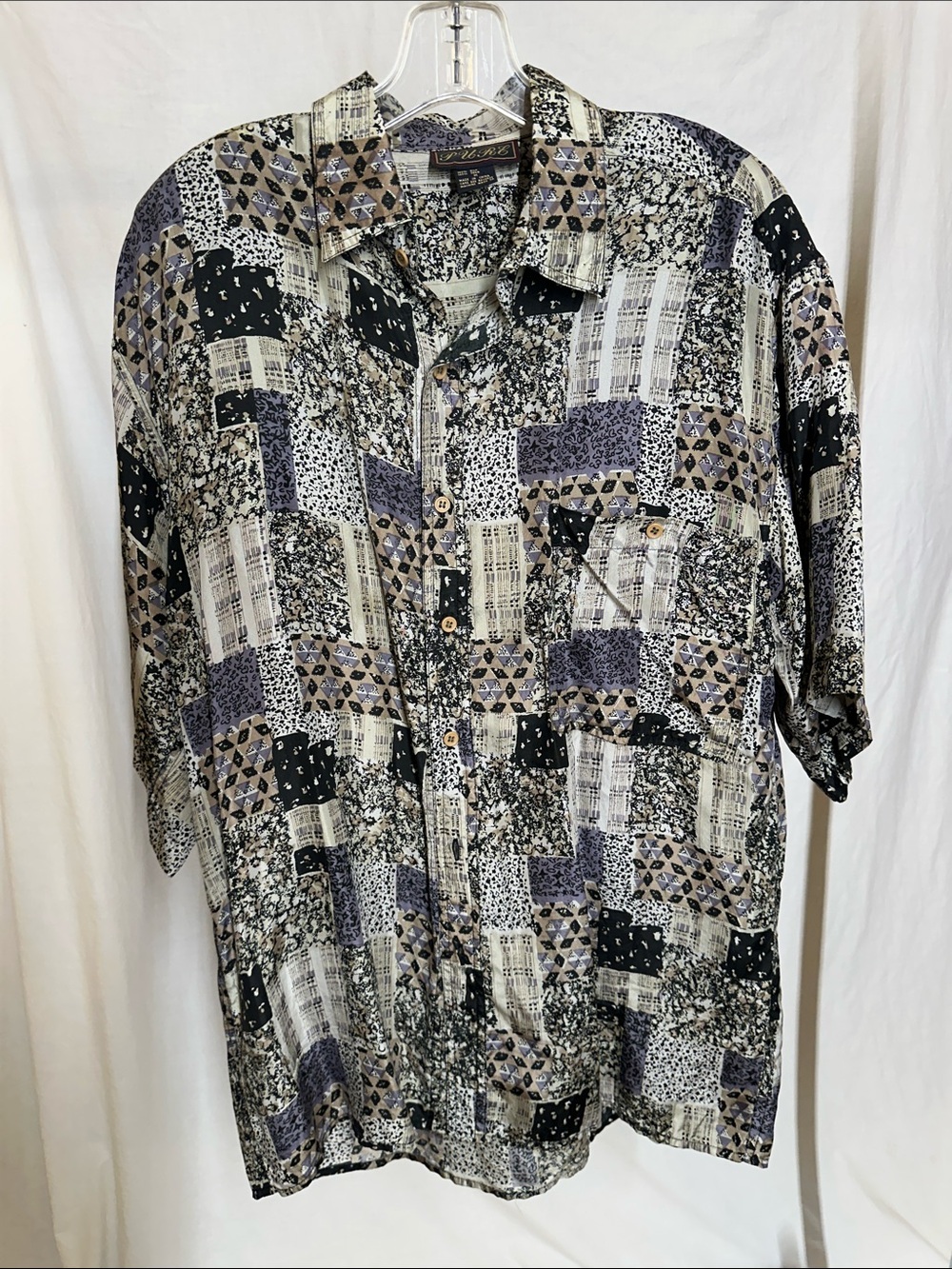 Men's Patchwork-Print Short Sleeve Button-Down Shirt - Black & Taupe